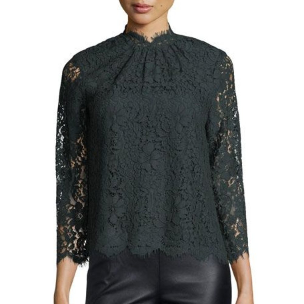 Joie Freyda Mock-Neck Lace Top Green Sz XS